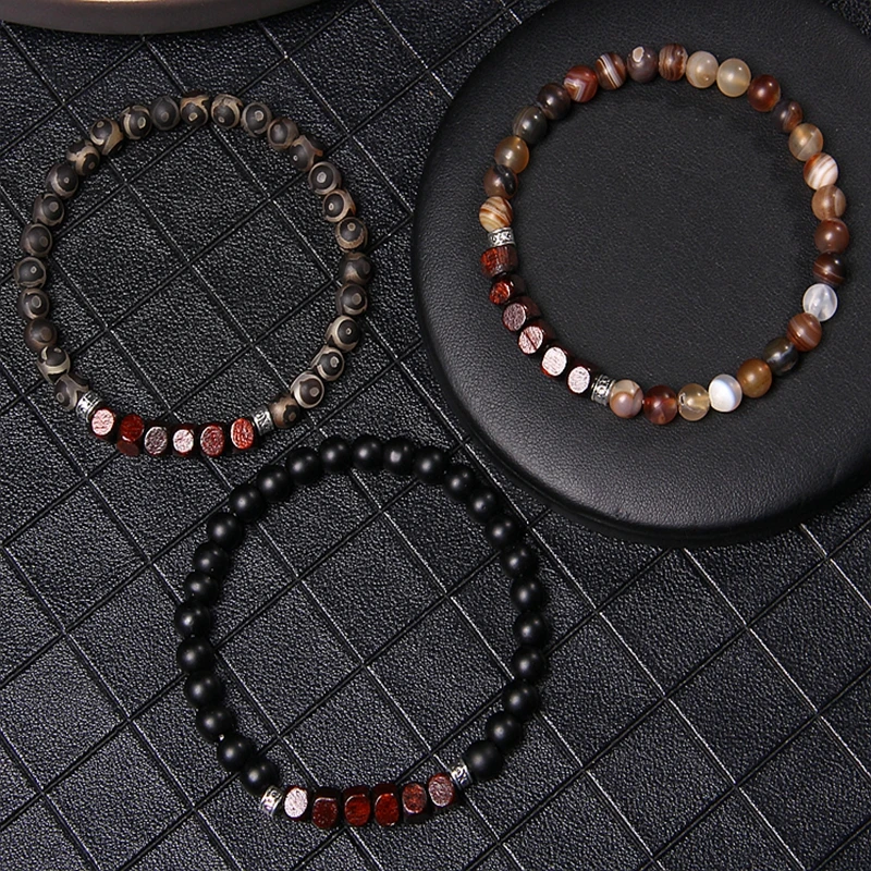 

6mm Round Natural Stone Square Block Wood Bracelets Dzi Bead Striped Agates Bracelet For Women Men Unique Style Jewelry Gift