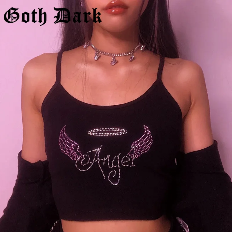 

Goth Y2K Dark Black Camis Sexy Diamond Angel Graphic Bodycon Camisole Streetwear Punk Summer Basic Women Cropped Tops