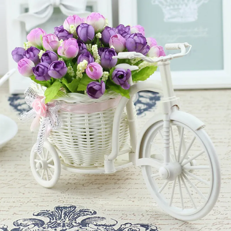 

Rattan Bike Vase with Silk flowers Colorful Mini Rose flower Bouquet Daisy Artificial Flores For Home Wedding Decoration