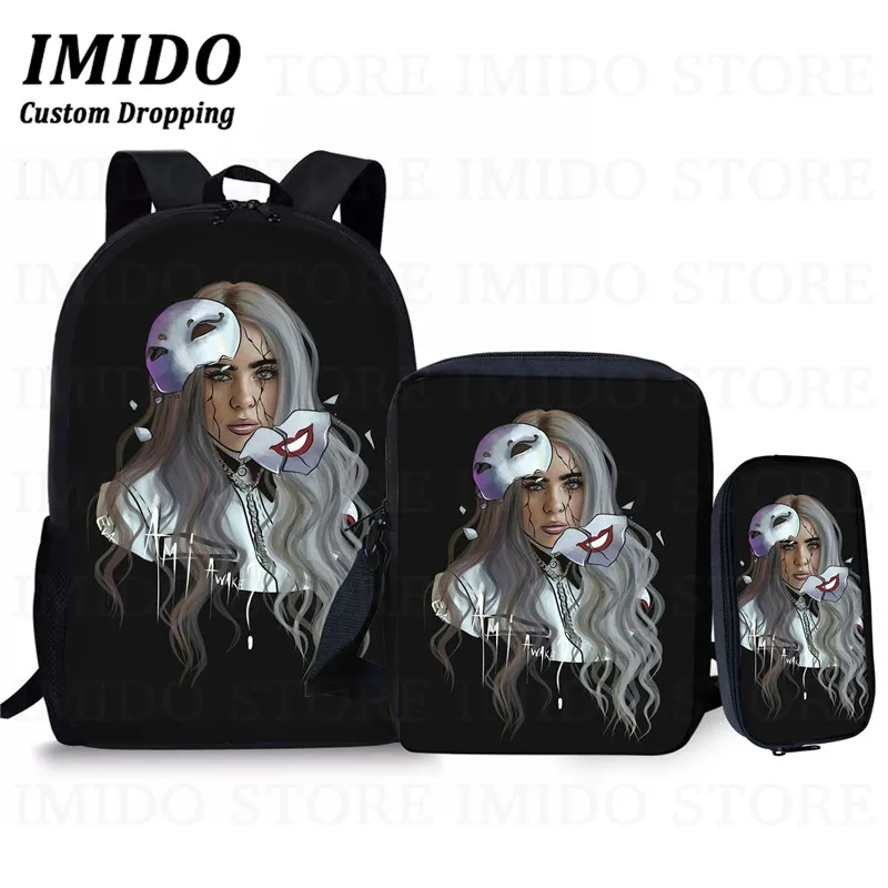 IMIDO, школьный рюкзак для девочек-подростков в стиле хип-хоп Billie Eilish, комплект из 3 предметов, школьные сумки для студентов и студентов, сумка для книг, Повседневная сумка, подарок - Цвет: as picture