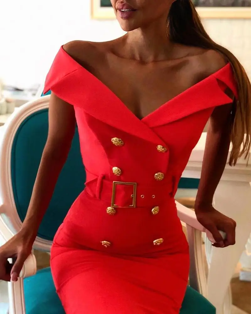 Однотонное двубортное облегающее платье с поясом | Женская одежда