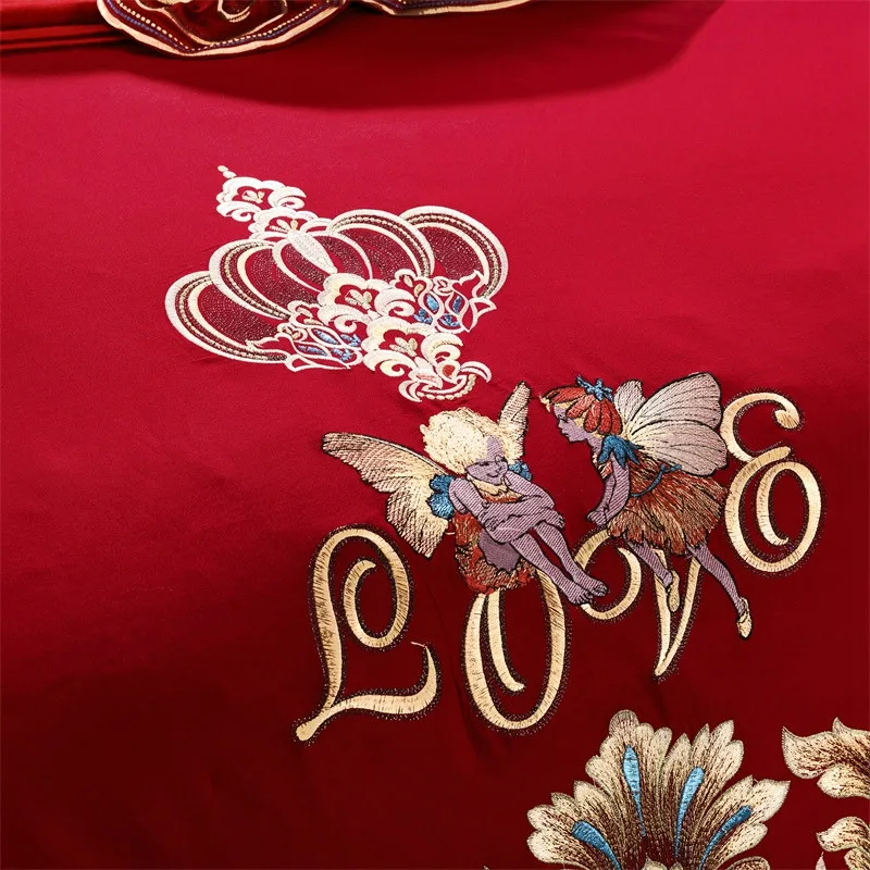 Angel Gold Embroidery Princess Wedding 100% Cotton Bedding Set Luxury Red Duvet Cover Bed Sheet Pillowcases Home Textile | Дом и сад