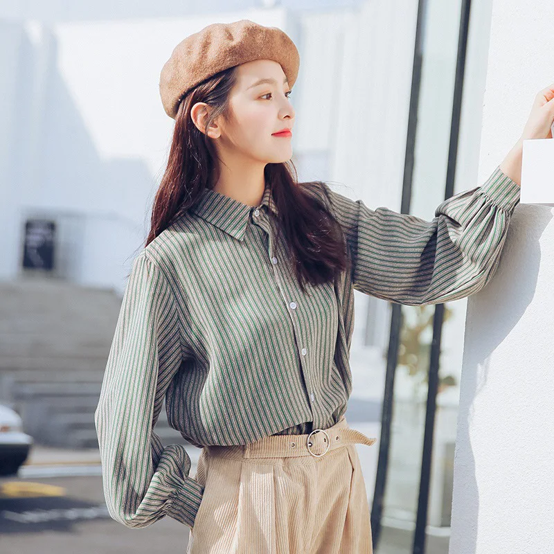 Полосатые женские блузки с отложным воротником рубашки длинными рукавами и