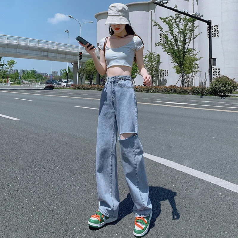 

GODLIKEU White Ripped Jeans Women's Summer Fashion High Waist Draped Wide Leg Loose Straight Thin Mopping Pants