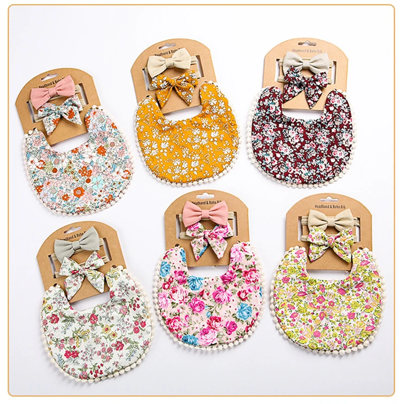 

Baby Saliva Towel Headband Suits Linen-cotton Children Pure Color Printing Double-sided Bib Infant Saliva Dripping for Boy Girl
