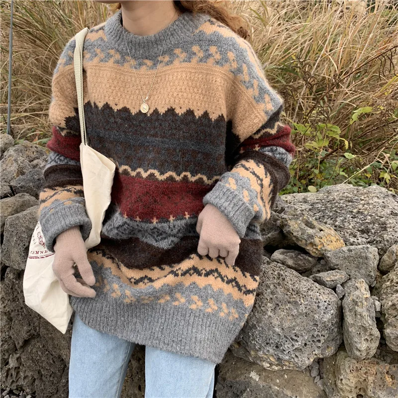 

2021 Chic Retro All-match Winter Thicken Sweater Arygle Vintage Crewneck Knitted Sweater Soft Comfort Lazy Style Pullovers