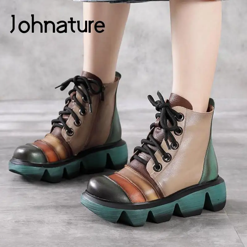 

Johnature Mixed Colors Shoes Women Boots Genuine Leather Zip Round Toe 2021 New Autumn Winter Leisure Handmade Platform Boots