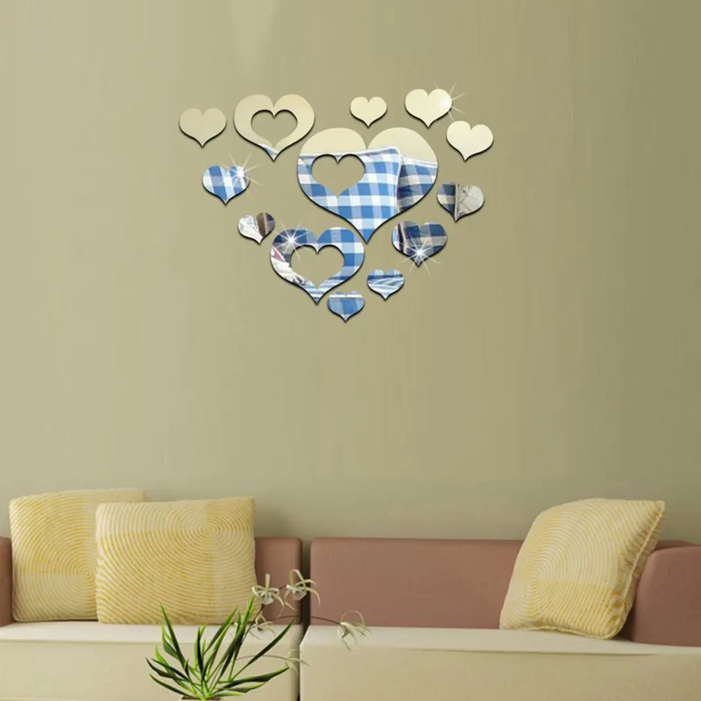 13 шт. набор серебряных маленькое Сердечко из Форма акриловые зеркала стены