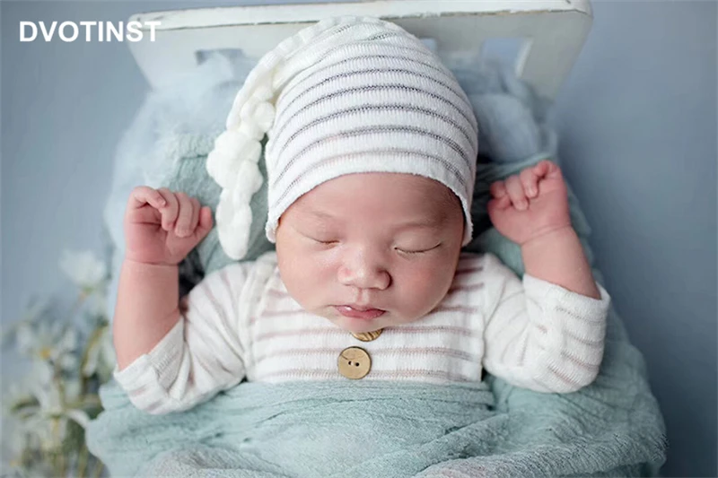 Dvotinst Newborn Baby Boys Photography Props Cute Strip Bodysuit Bonnet Outfits 2pcs Infant Fotografia Studio Shoots Photo Props enlarge