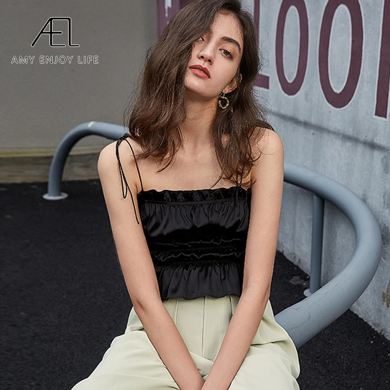 AEL black halter top women summer sexy ruffle tank tops Sleeveless Sleeveless Camisole slim Female Smocked top Clothing