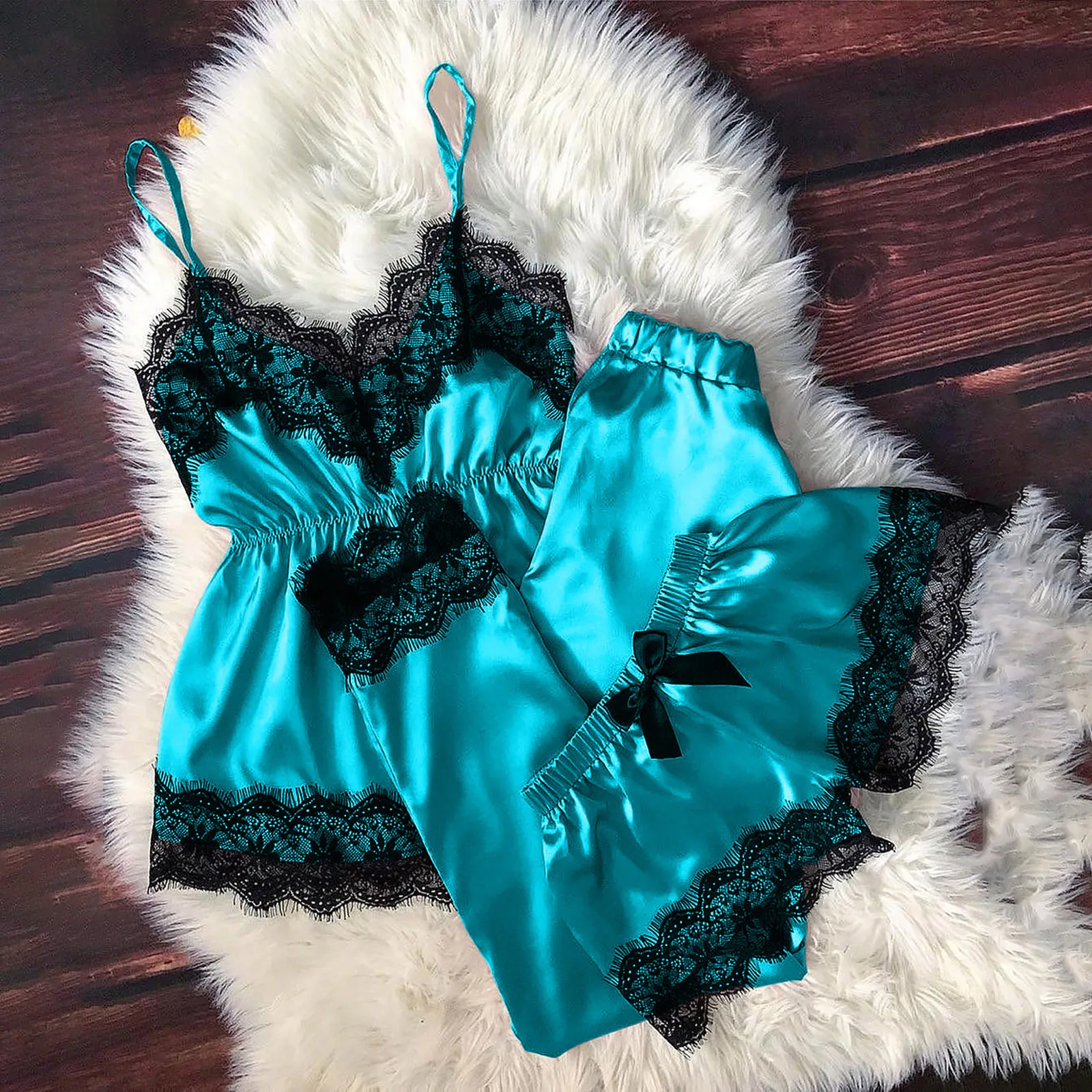 

3pc Women Sexy Lingerie Sleepwear Lace Satin Sleepwear Lingerie Camisole Bow Trousers Pajamas Sleep Wear Pyjamas Women