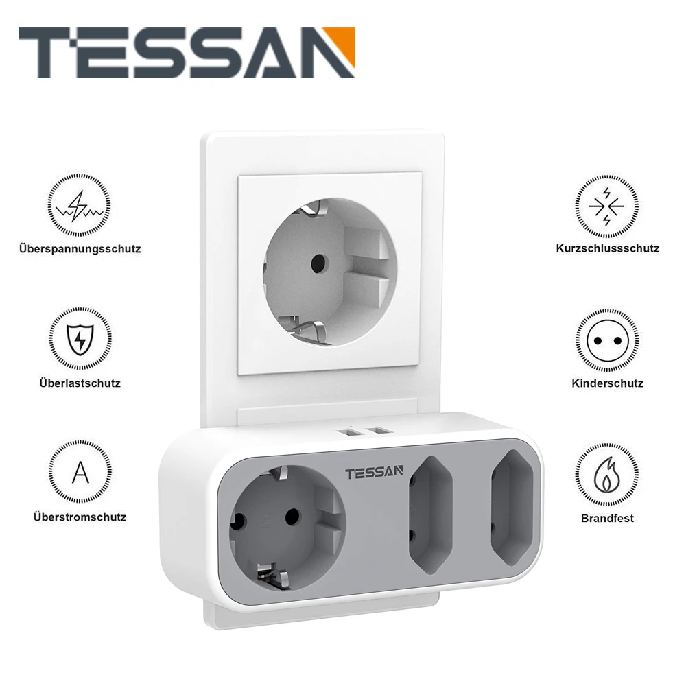 

TESSAN 5 in 1 EU Power Strip with 2 USB Charging Ports and 3 EU Outlets International Travel Adapter EU Plug Socket Office/Home