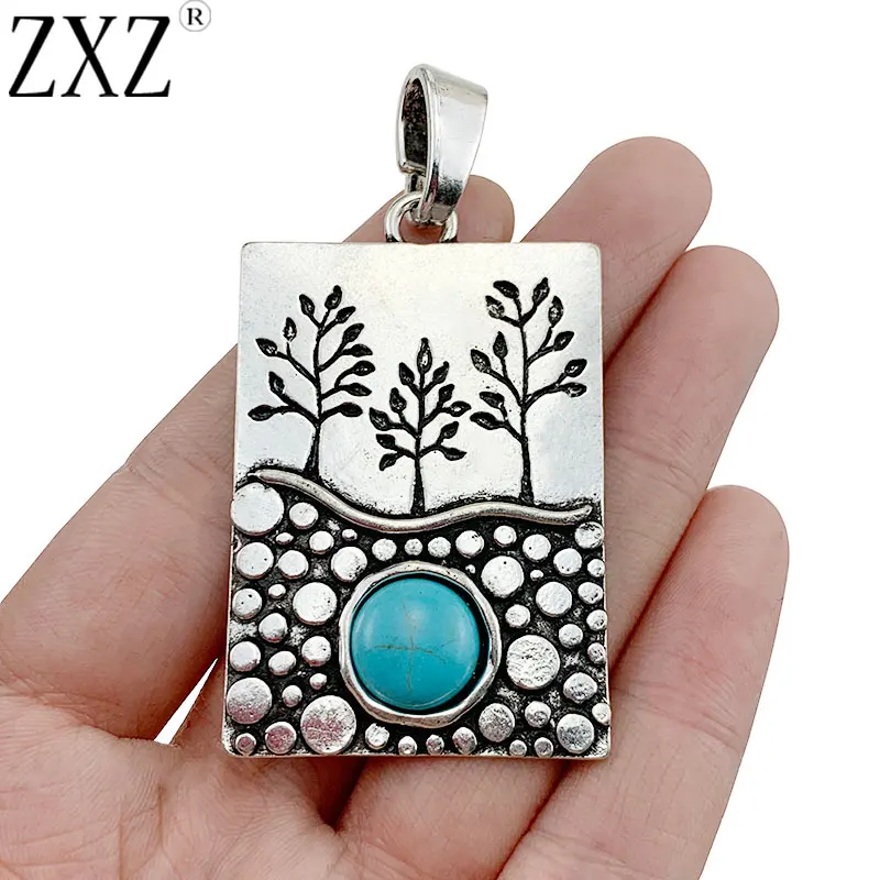 

ZXZ 2pcs Tibetan Silver Large Tree Rectangle Faux Turquoise Stone Charms Pendants for Necklace Jewelry Making Findings 67x35mm