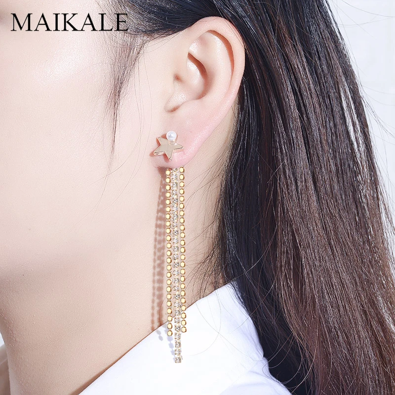 Женские длинные серьги кисточки MAIKALE роскошные циркониевые с жемчугом и золотым