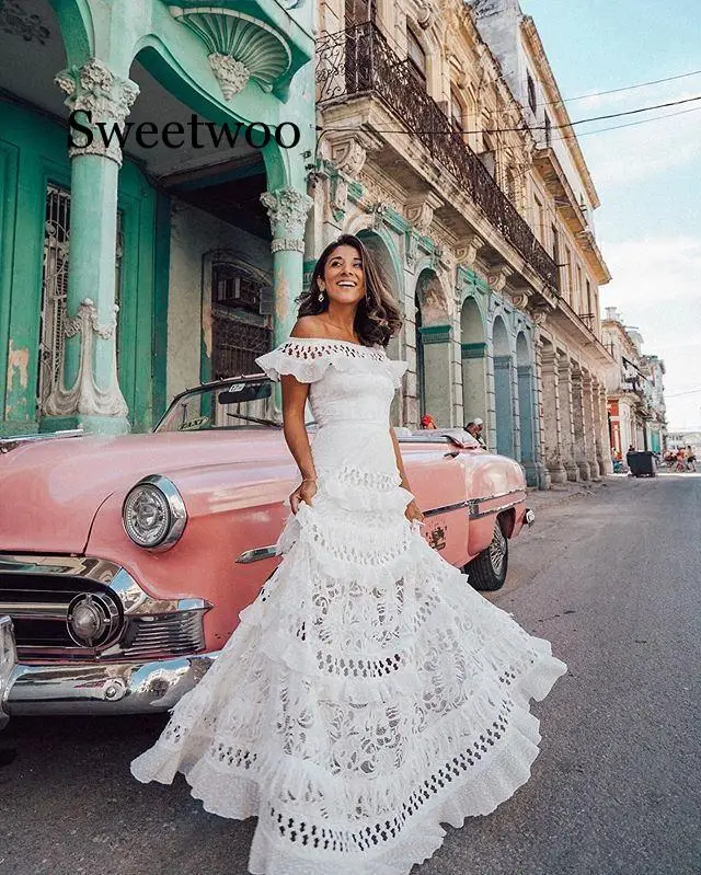 

2020 New Summer Women's White Lace Long Dress Lotus Leaf Backless Hollow Out Bohemian Beach Dress Slash Neck