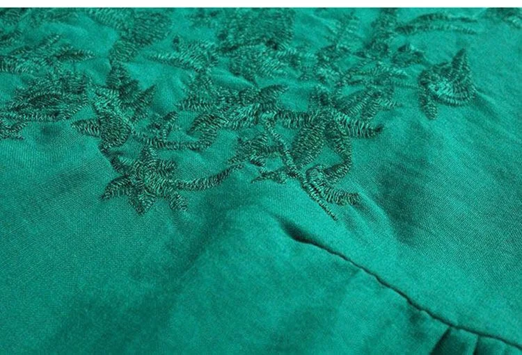 Женская льняная блузка с вышивкой Повседневная Свободная зеленого и белого