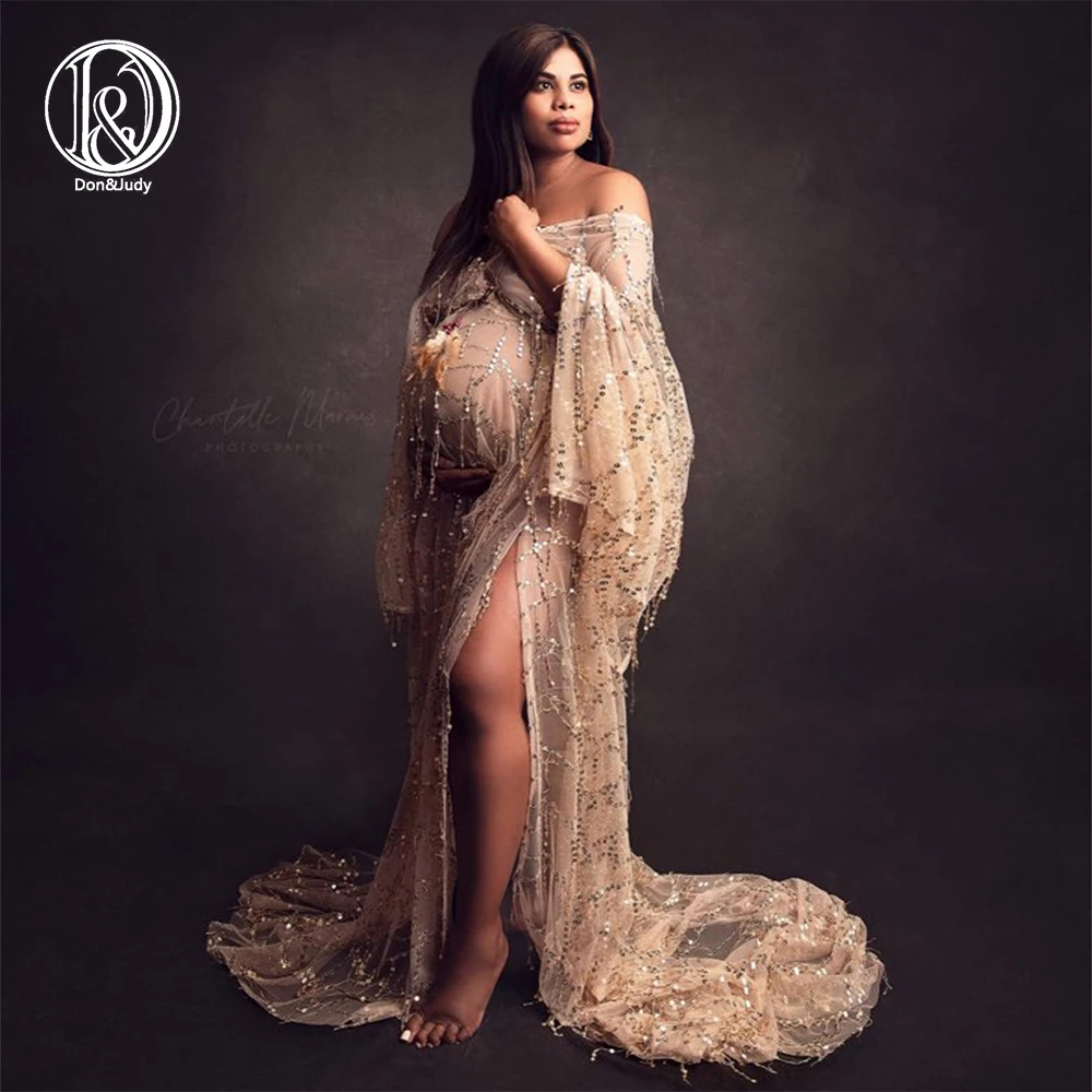 Don&Judy Boho Sparkly Sequin Maternity Nonmaternity Dress for Photo Shoot Props Deep V Robe Party Evening Gown Photography Prom