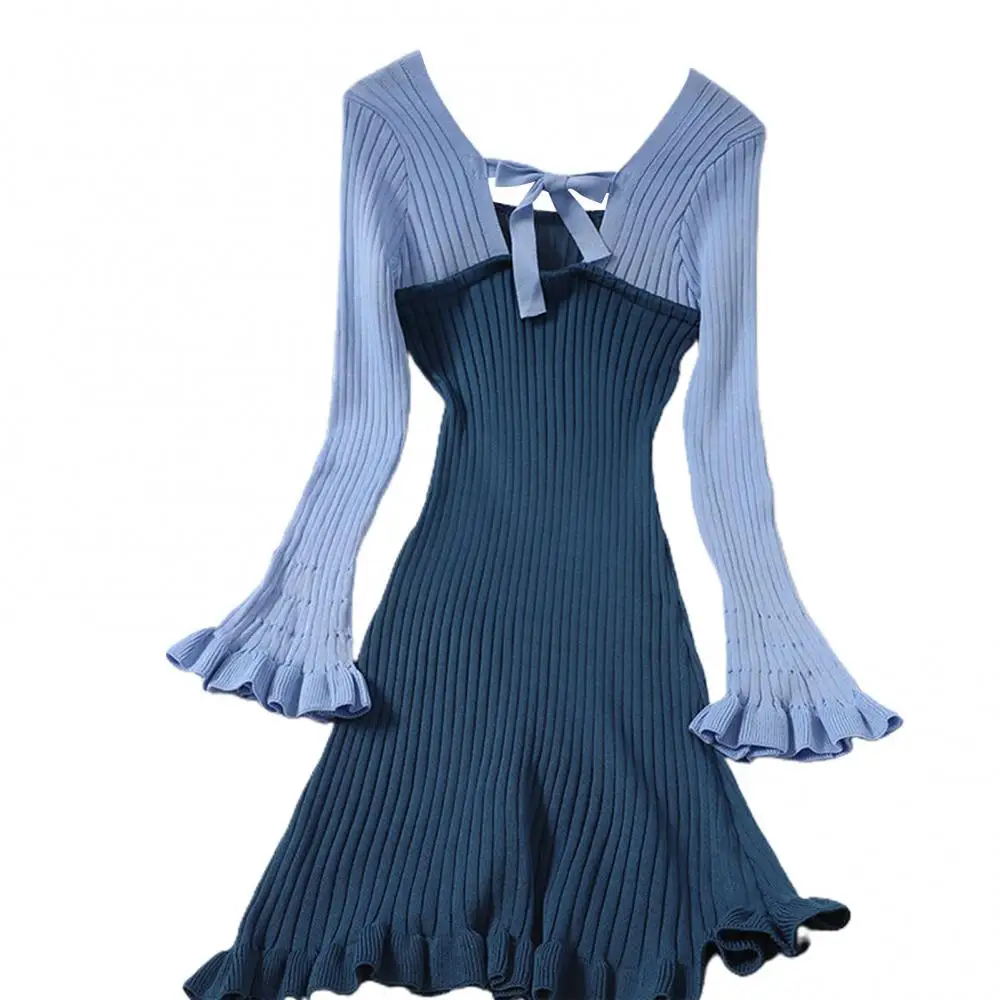

Dress Women 2021 Luxury Designer Women Autumn Bowknot Long Sleeve Ruffle Hem Color Block Ribbed Knit Mini Dress vestido de mujer