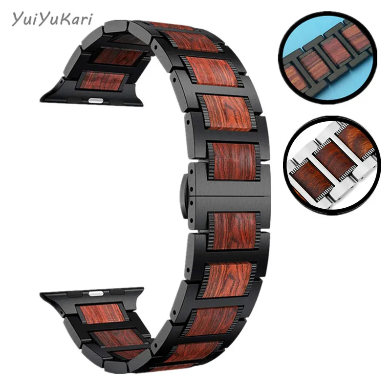 Дерево + нержавеющая сталь pulseira для apple watch band 4 (iwatch 5) 44 мм 40 3 2 1 42 38 correa ремешки