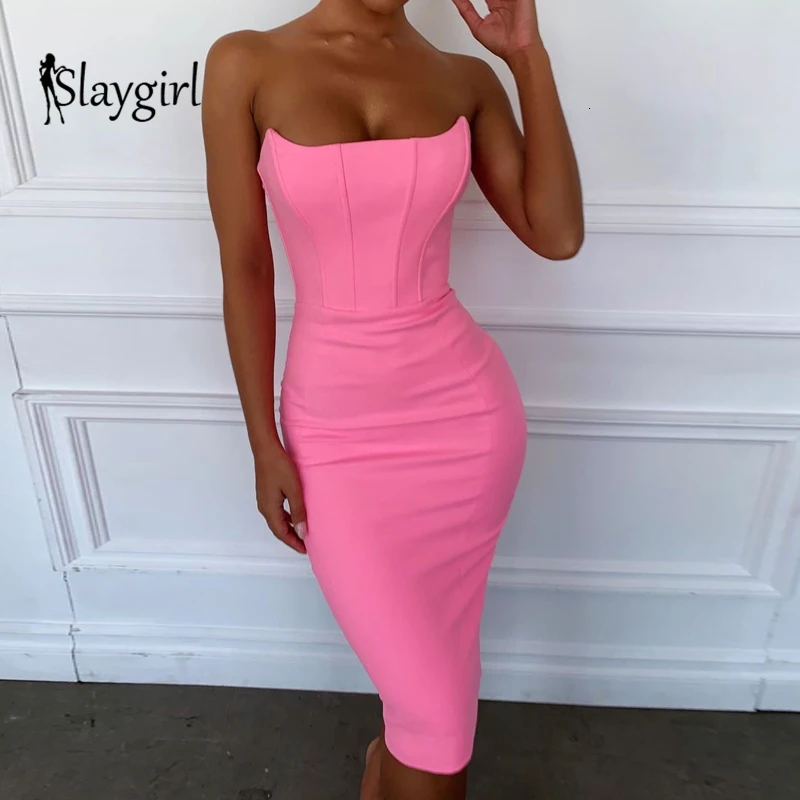 Slaygirl, вечерние, летние, Осенние, элегантные платья для женщин, с открытыми плечами, без рукавов, сексуальные платья, Клубные, без бретелек, миди платье,, Vestidos