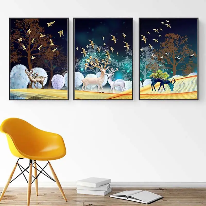 Северный лес олень животное и Птицы Пейзаж Холст Картина постер для декораций