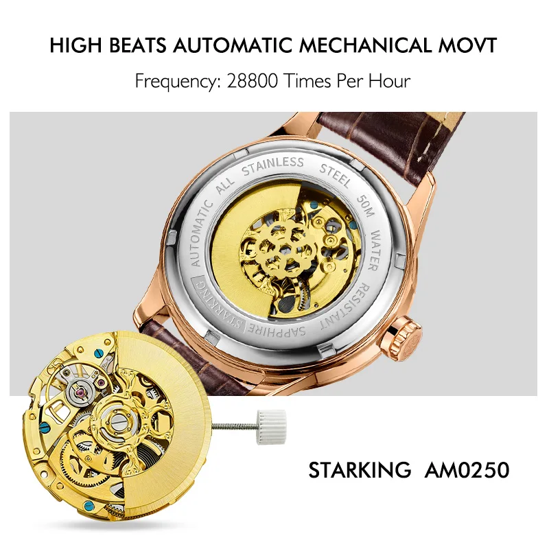STARKING Mechanical Watch Men Automatic Self-wind Movt Skeleton Gold Stainless Steel Male Wristwatch Sapphire 5ATM | Наручные часы