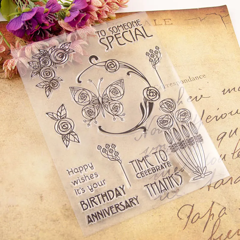 Прозрачные наклейки в виде бабочек и цветов резиновый штамп прозрачный