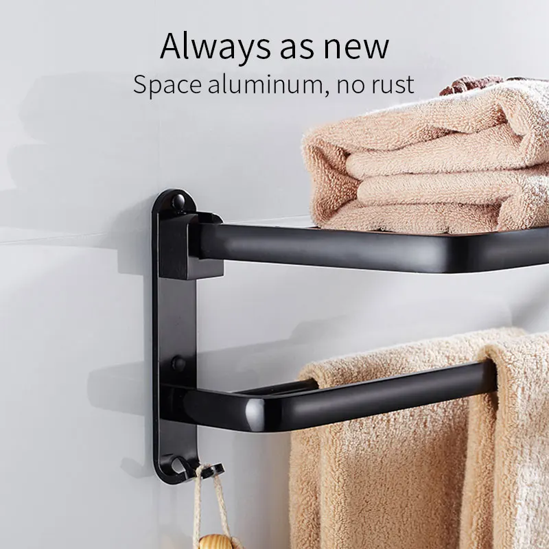 

Towel Rack Punch-Free Shower Holder Aluminum Storage Shelf Bathroom Accessories Folding Wall Organizer Matte Black Hook Hanger