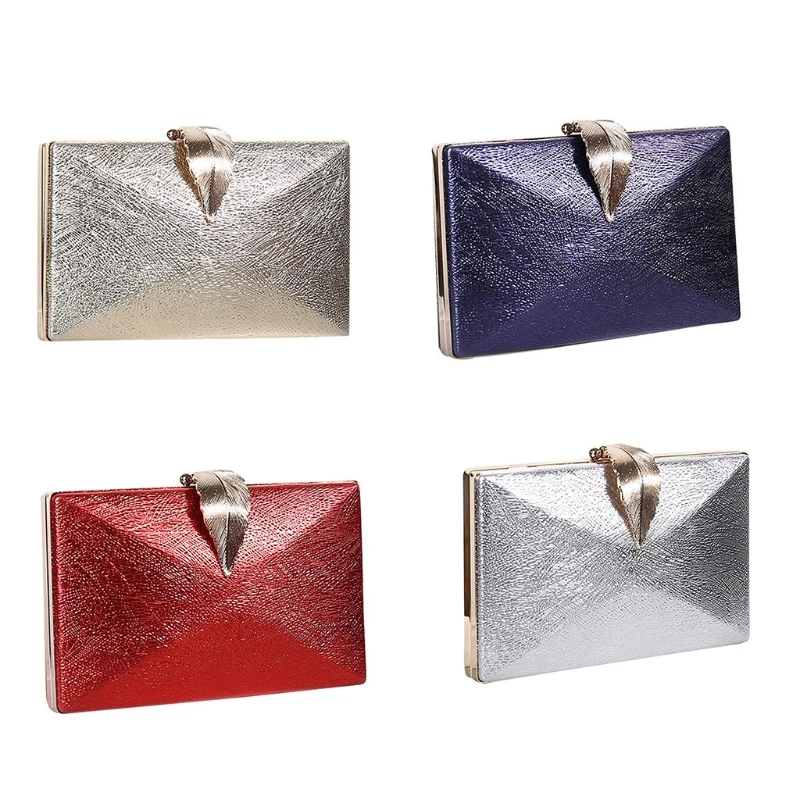 

New Womens Faux Leather Shiny Evening Bag Metal Leaf Lock Clutch Banquet Party Crossbody Handbag Wedding Purse with Chain 2021
