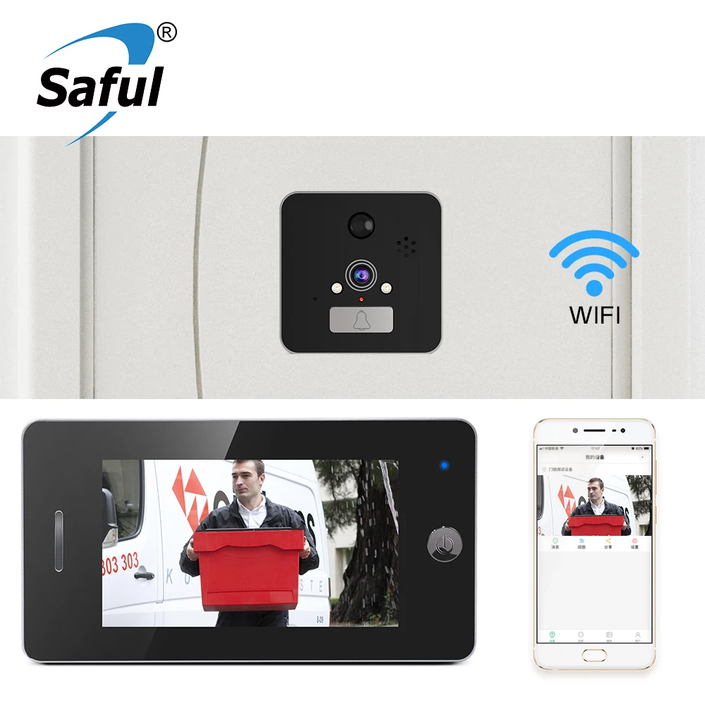 Saful 5-дюймовая дверная камера Wi-Fi дверной глазок с датчиком движения ночное