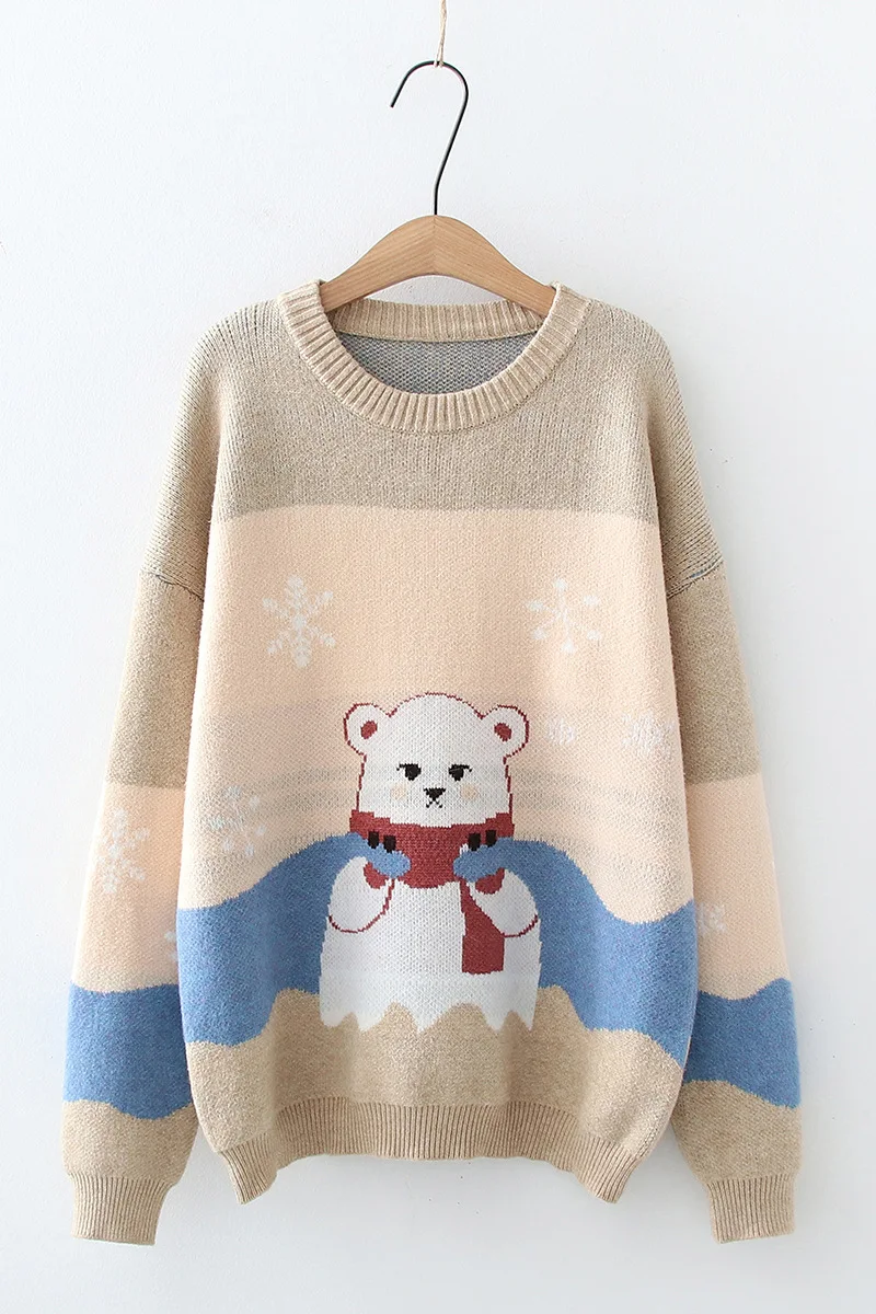 

Original design sweet and cute bear jacquard round neck knitted pullover sweater 2020 autumn and winter new women