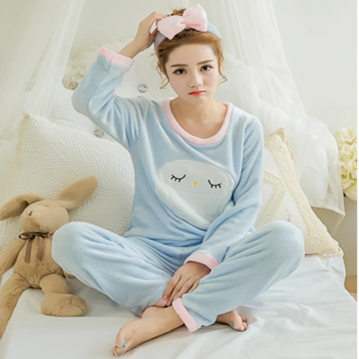 R W lan maotou Корейский kawaii розовый мультяшный пижамный комплект зимняя Пижама модная ночная рубашка домашняя одежда для отдыха фланелевая теплая Пижама женская одежда для сна - Цвет: R W lan maotou