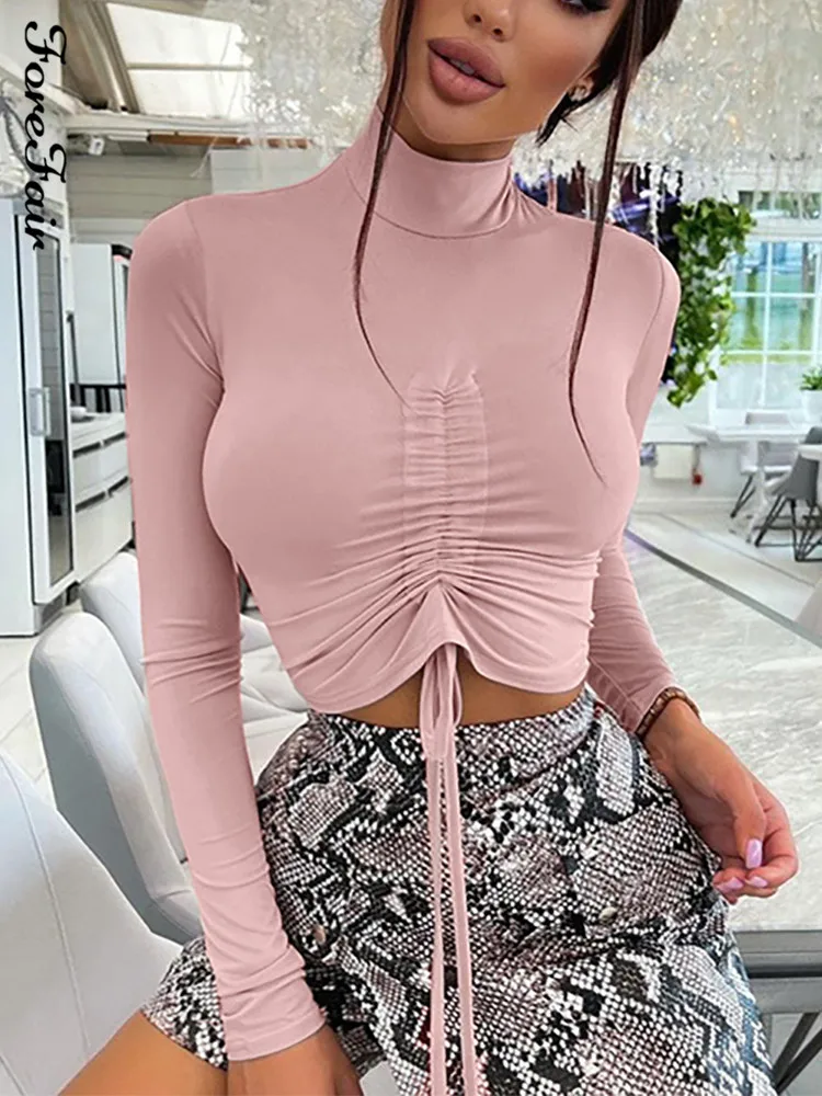 

Forefair 2021 Autumn Turtleneck Sexy Crop Top Bandage Y2k Long Sleeve Ruched Winter Fashion Casual Women T Shirts Party