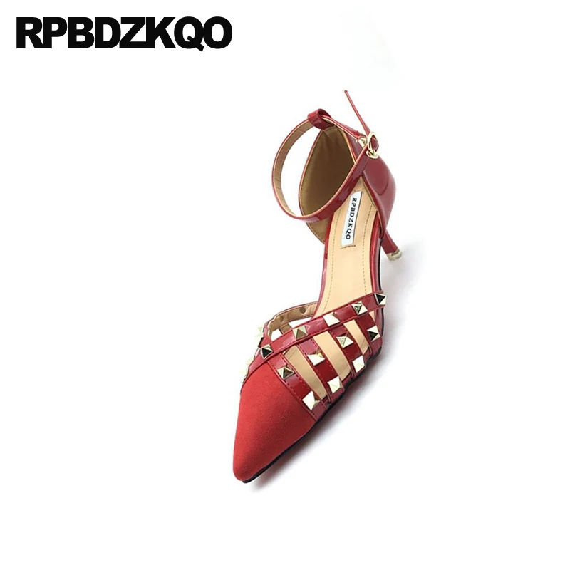 сандалии шпилька красный высокие каблуки лакированная кожа котенок металл