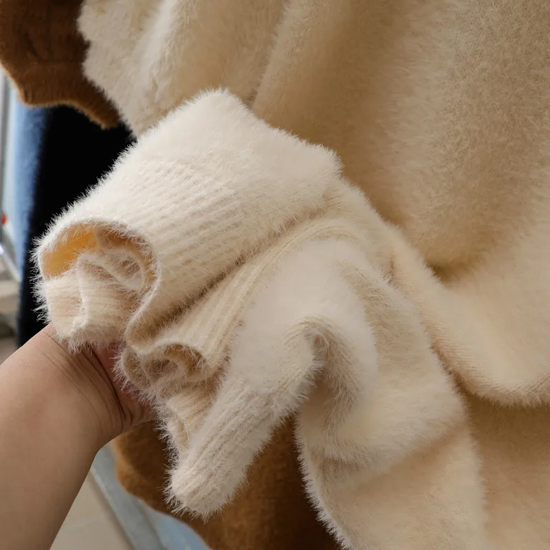 

2020 autumn winter v-neck short lantern sleeve thick sweater dress fur dress women loose mini dress Female chic straight dress