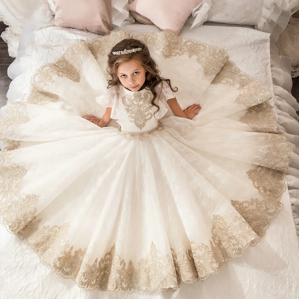 Kids Girls Wedding Flower Embroidery Girl Dress Elegant Princess Party Formal Long Dress Tulle Lace Dress For 2-13 Years