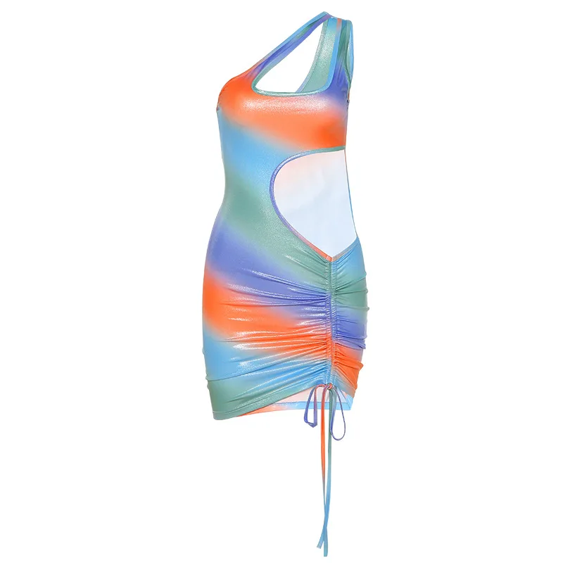 

Dress for Women 2021 Fashion Printed Slanted Shoulder Waist Hollow Slim Mini Dress Sleeveless Drawstring Party Club Streetwear