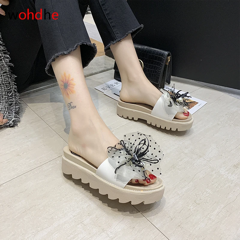 

wohdhe women sweetl slippers bowknot flip flop female shales platform beach slides flower lace outdoor slippers heels 4.5cm