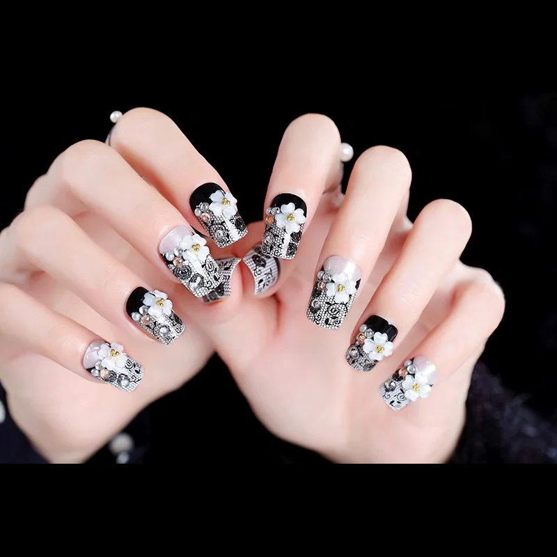 

Lace Flower Press on Nails Short Square Black Lace Flower Design Artificial Fake Nail Rhinestone Full Cover False Nails Art Tips