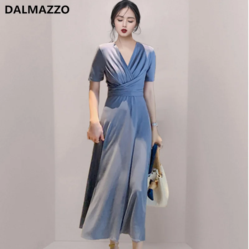 

DALMAZZO 2022 New Summer Women Fashion OL French V Neck Short Sleeve Lacing Long Dress Vestidos Female