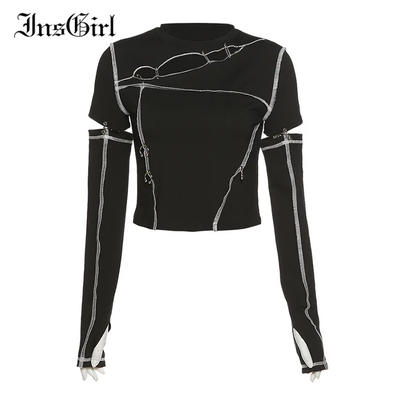

InsGirl Gothic Punk Streetwear Harajuku Sexy T-shirt Women Vintage Y2k Casual Long Sleeve Hollow Out Patchwork Tee Tops Female