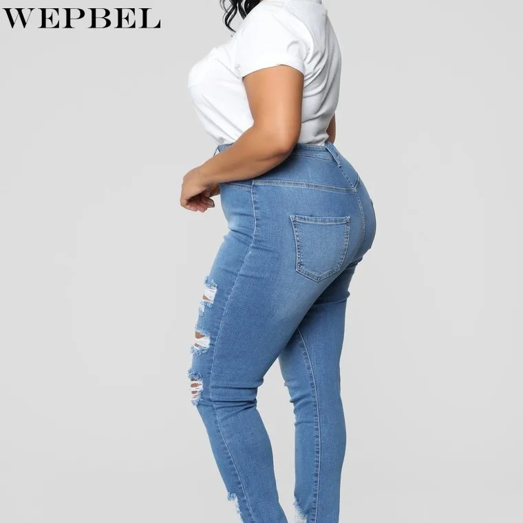 

WEPBEL Jeans Women's Casual Slim Hole Ripped Jeans Spring Autumn Solid Color High Waist Vintage Denim Pencil Pants Plus Size