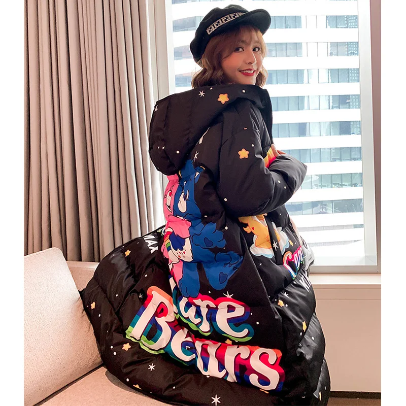 Зимняя мода 2020 длинные пальто с капюшоном мультяшным принтом женские толстые