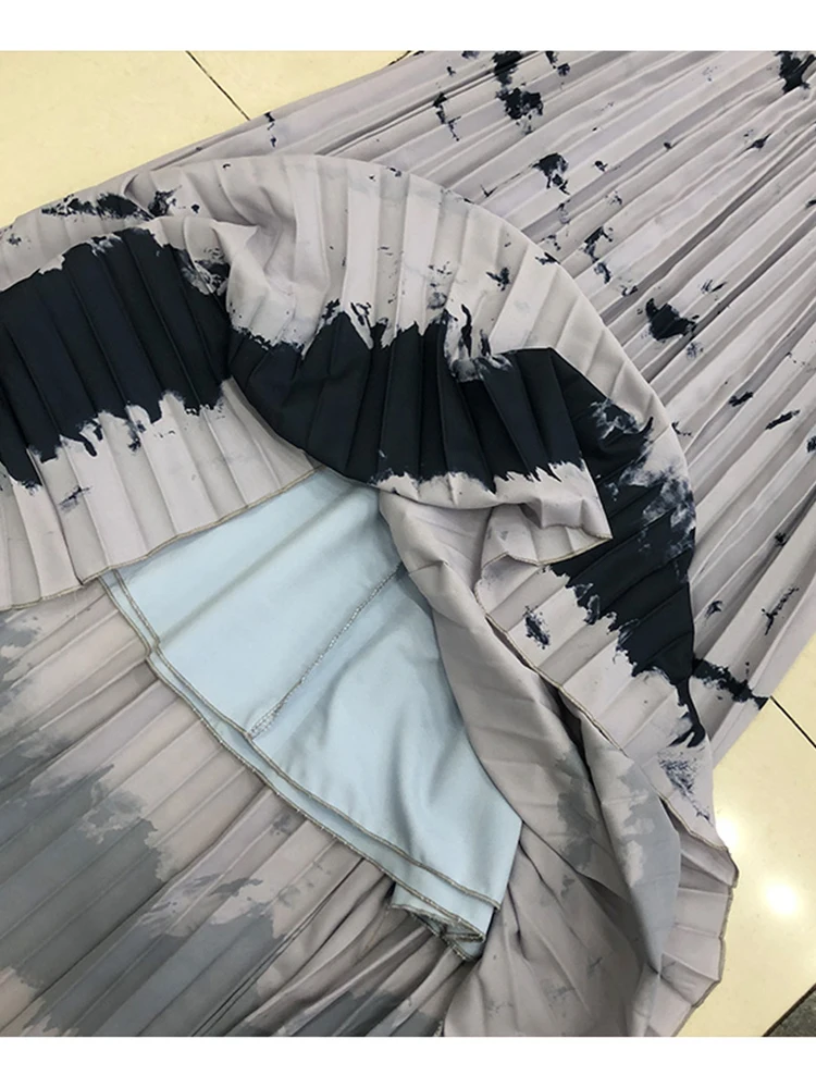 

Free shipping catwalk tie-dye process ink printing A-line pleated skirt ladies summer new fashion big swing personality