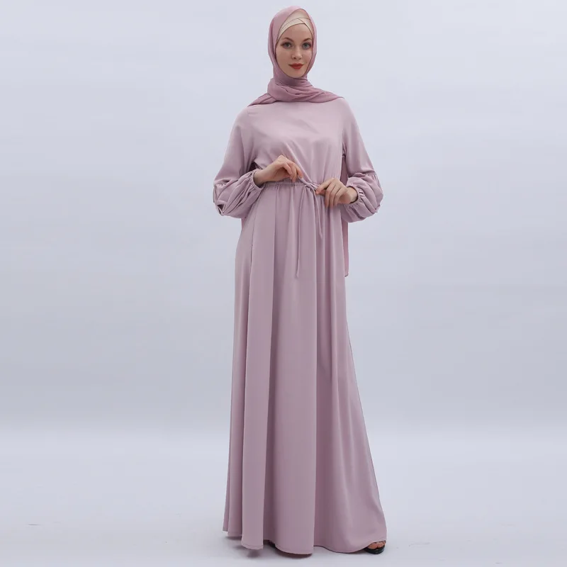 2022 New Solid Color Lantern Sleeves Elastic Cuffs Women'S Dress Muslimah Long Dress Student Dress