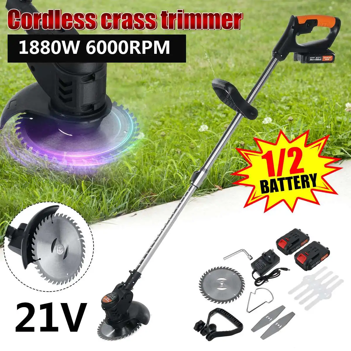 

Electric Lawn Mower 1880W Cordless Grass Hedge Trimmer With 1/2 Batteries Adjustable Handheld Garden Tool For Makita 21V Battery