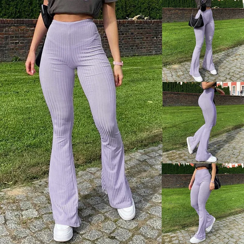 

Knitted Casual Flare Joggers Pants Women Vintage Fitness Stretchy Purple Sweatpants Trousers Streetwear