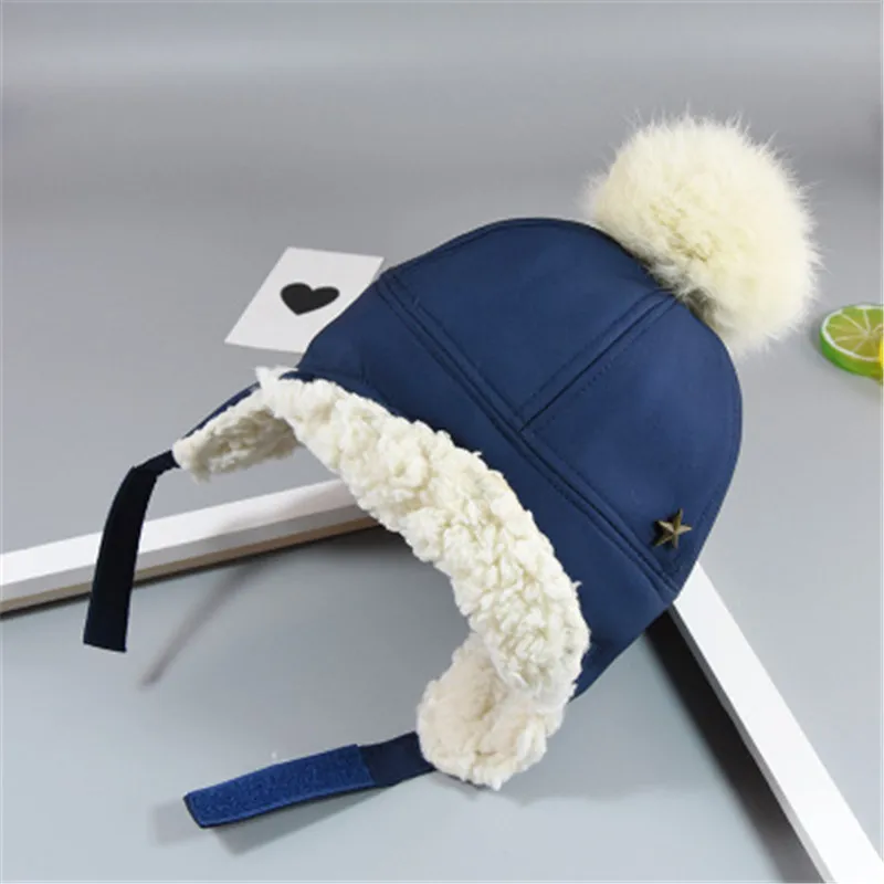 navy blue baby hat Детская шапка Lei Feng, зимняя шапка с помпонами для мальчиков и девочек, теплая шапка, шапка для малышей, плотные плюшевые шапки с наушниками - Цвет: navy blue baby hat