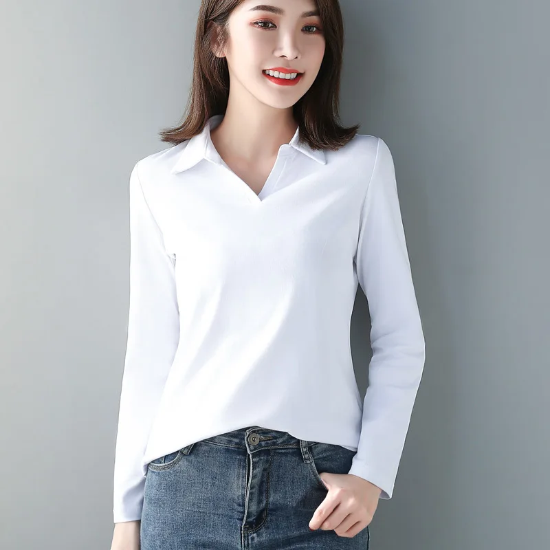 

2023 Women Cotton T-shirt Solid color Lady Polos Long Sleeve Autumn Winter Women clothings All match Female T-shirts --------