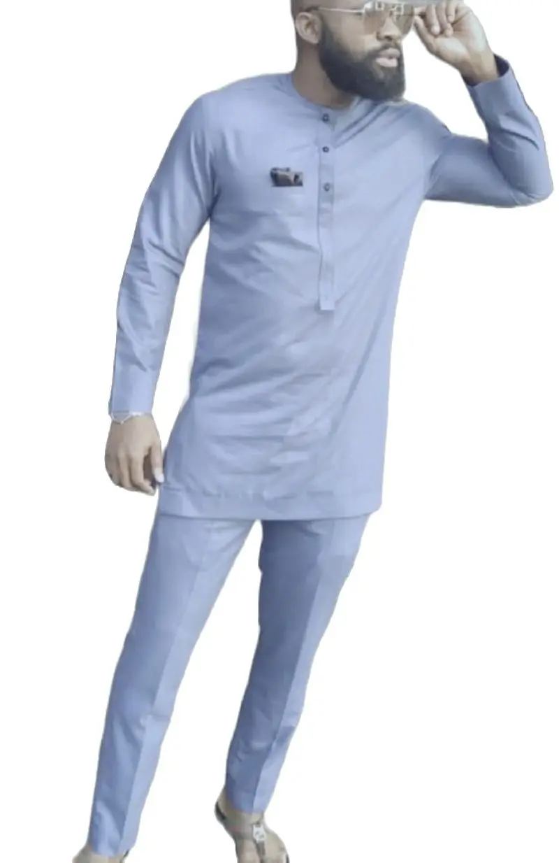 Light Blue Long Sleeve Man Shirts Matching Pants African Fashion Solid Tops+Trousers Custom Made Men's Outfits Pant Set |